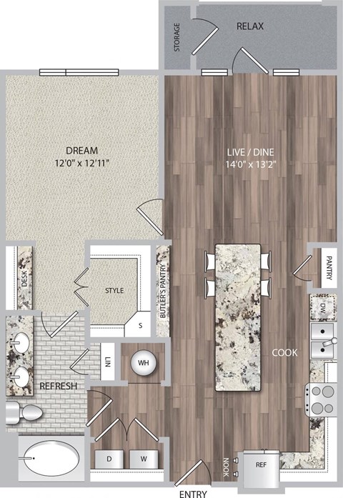 Floor plan for 1 bed, 1 bath, 857 sqft
